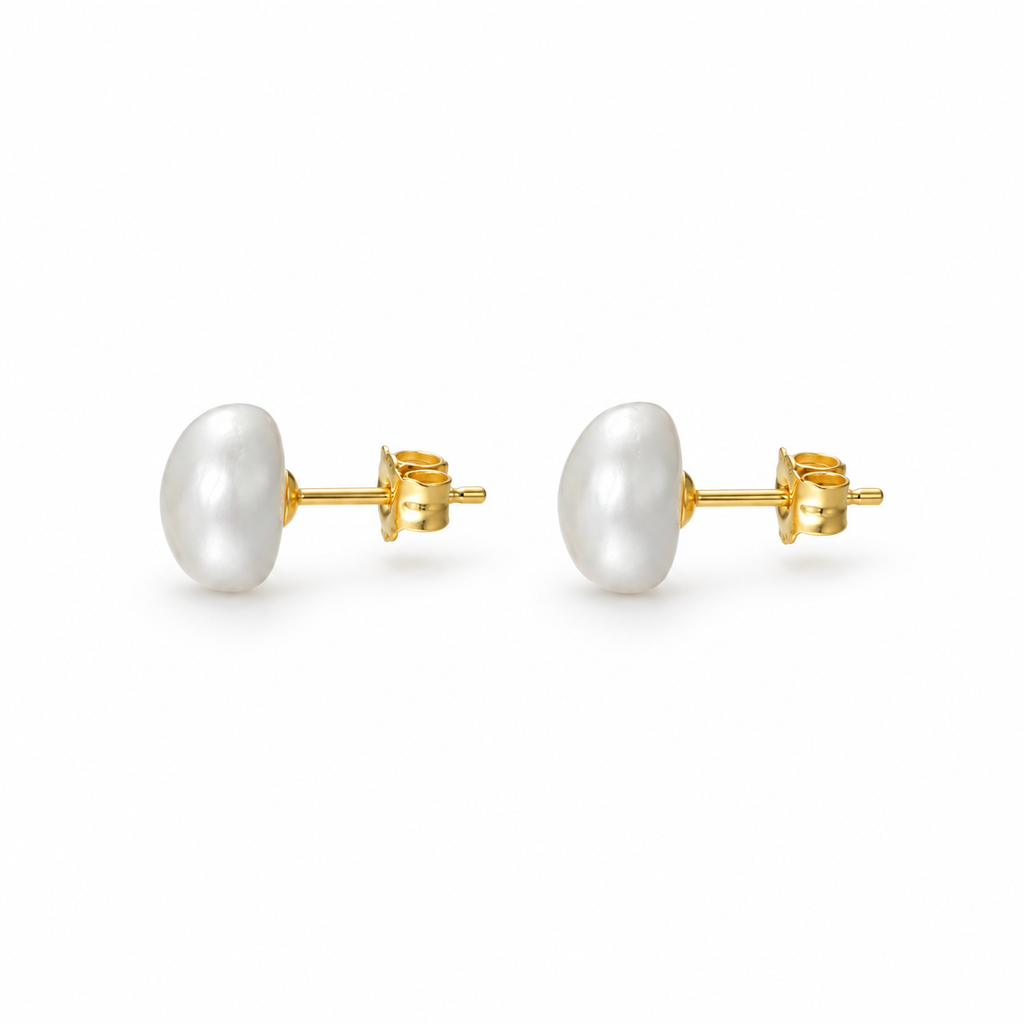 Astrid pearl studs featuring lustrous white cultured pearls on 925 sterling silver posts with 14k gold plating