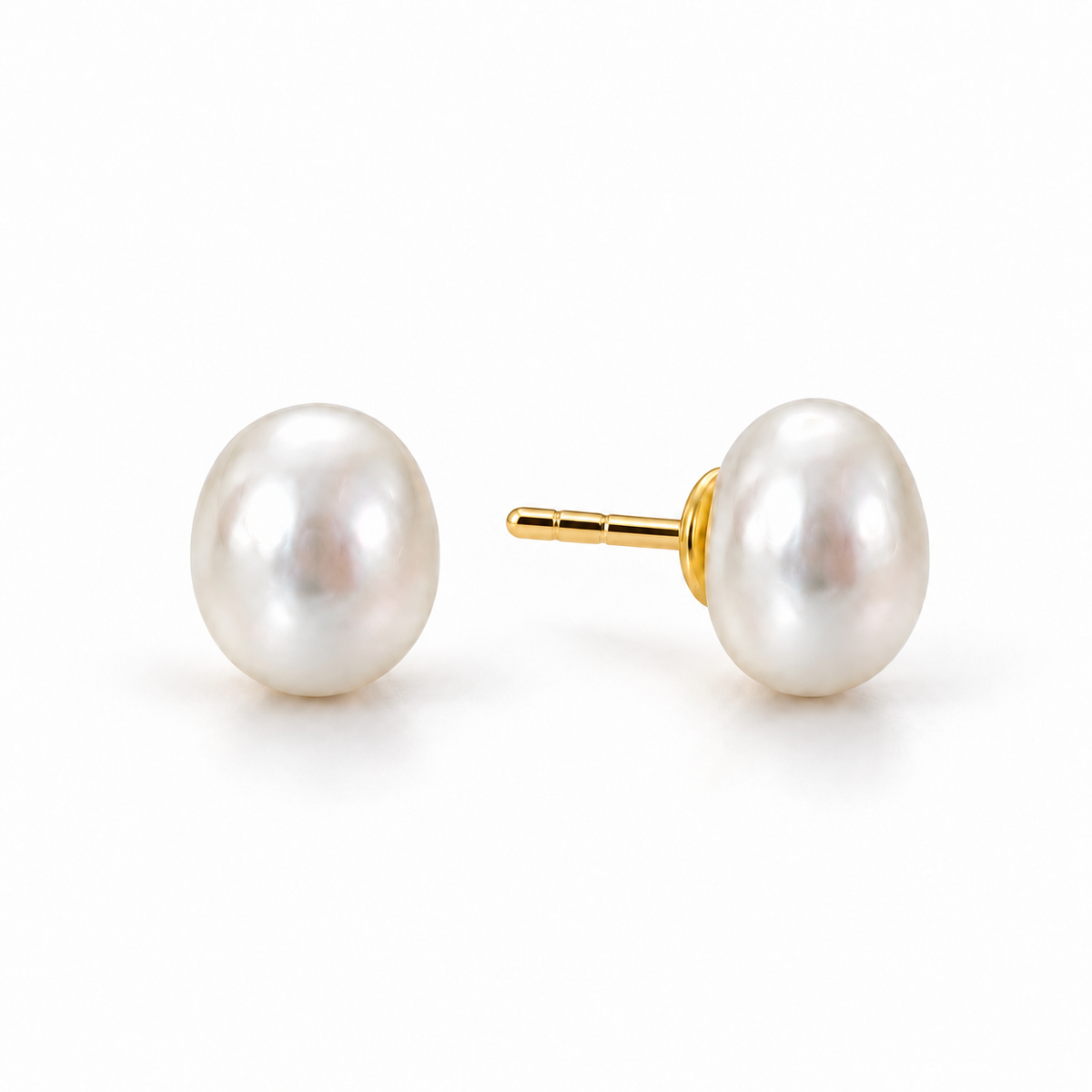 Close-up of Astrid cultured white pearl stud earrings showing the pearl and post