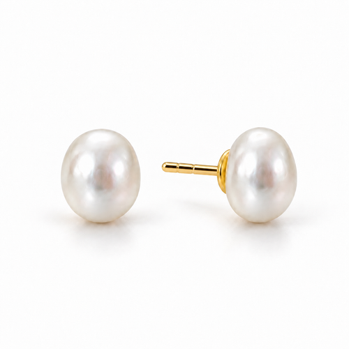 Close-up of Astrid cultured white pearl stud earrings showing the pearl and post