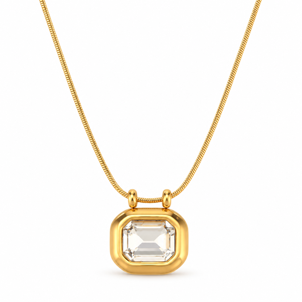 Sarnai Emerald Cut Necklace with a clear 10 × 8 mm zirconia pendant in 18k gold-plated 316L stainless steel