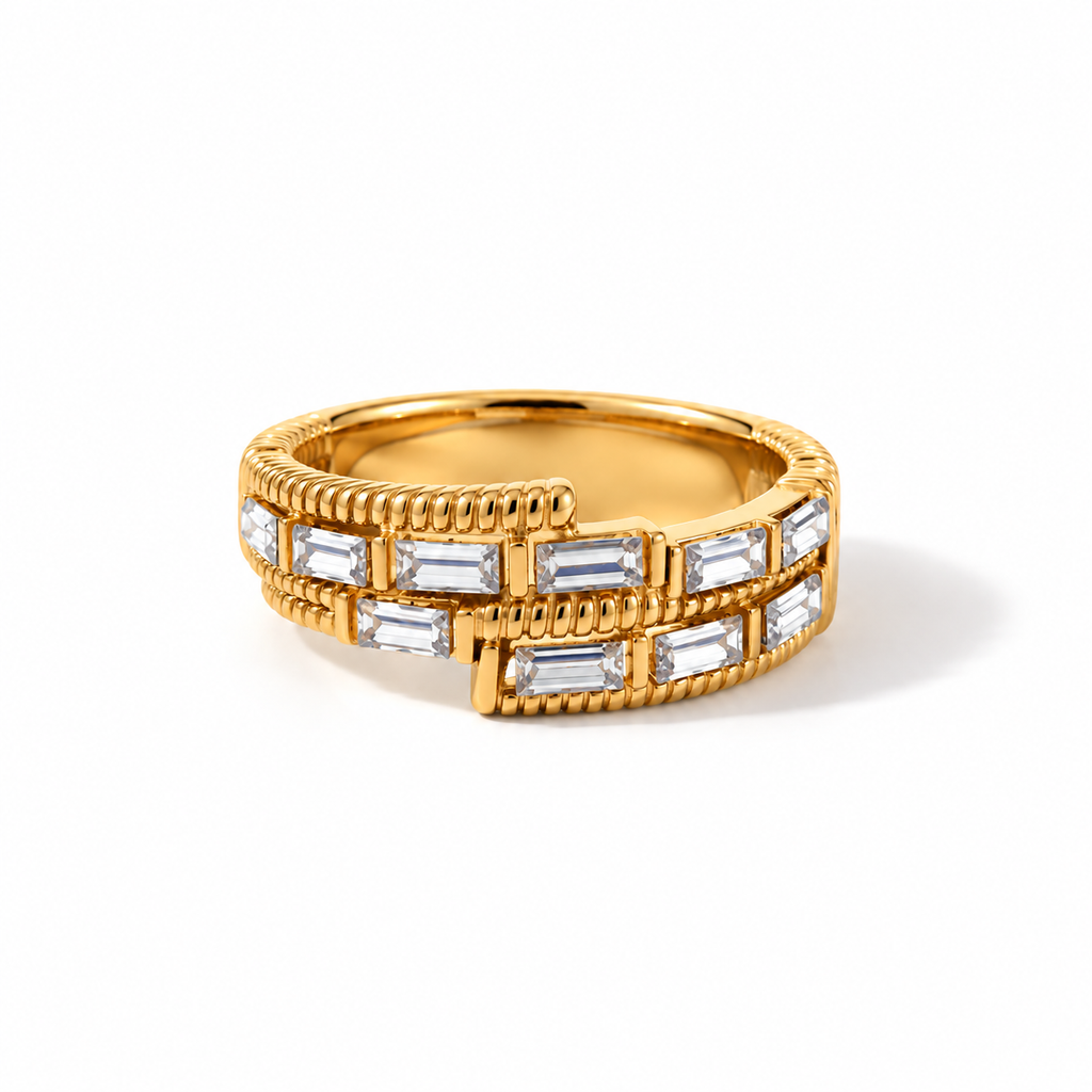 Baguette Double Row Ring with two rows of clear zirconia and ribbed gold-tone detailing