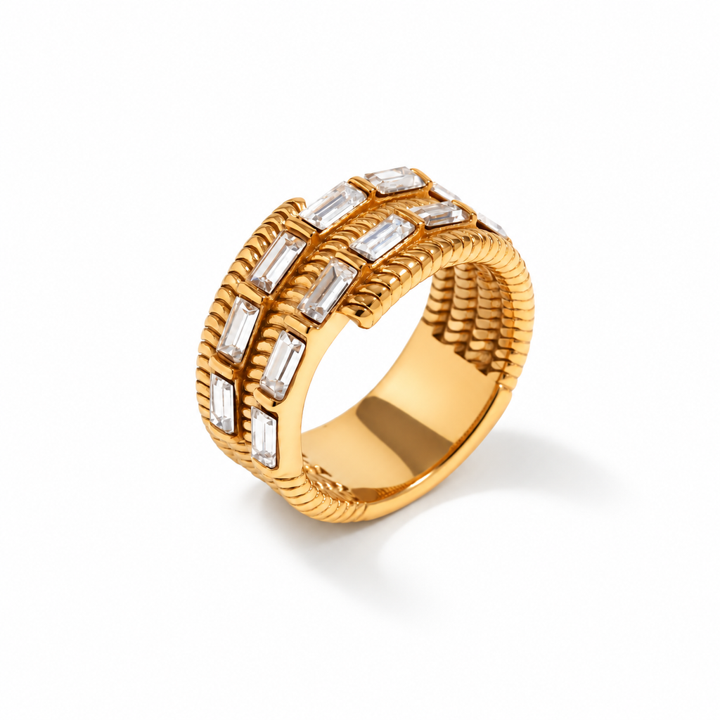 Wide gold-tone ring with clear baguette-cut zirconia in a double-row design