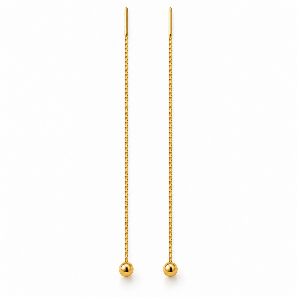 Pair of gold-plated sterling silver threader earrings with fine box chains and polished ball ends