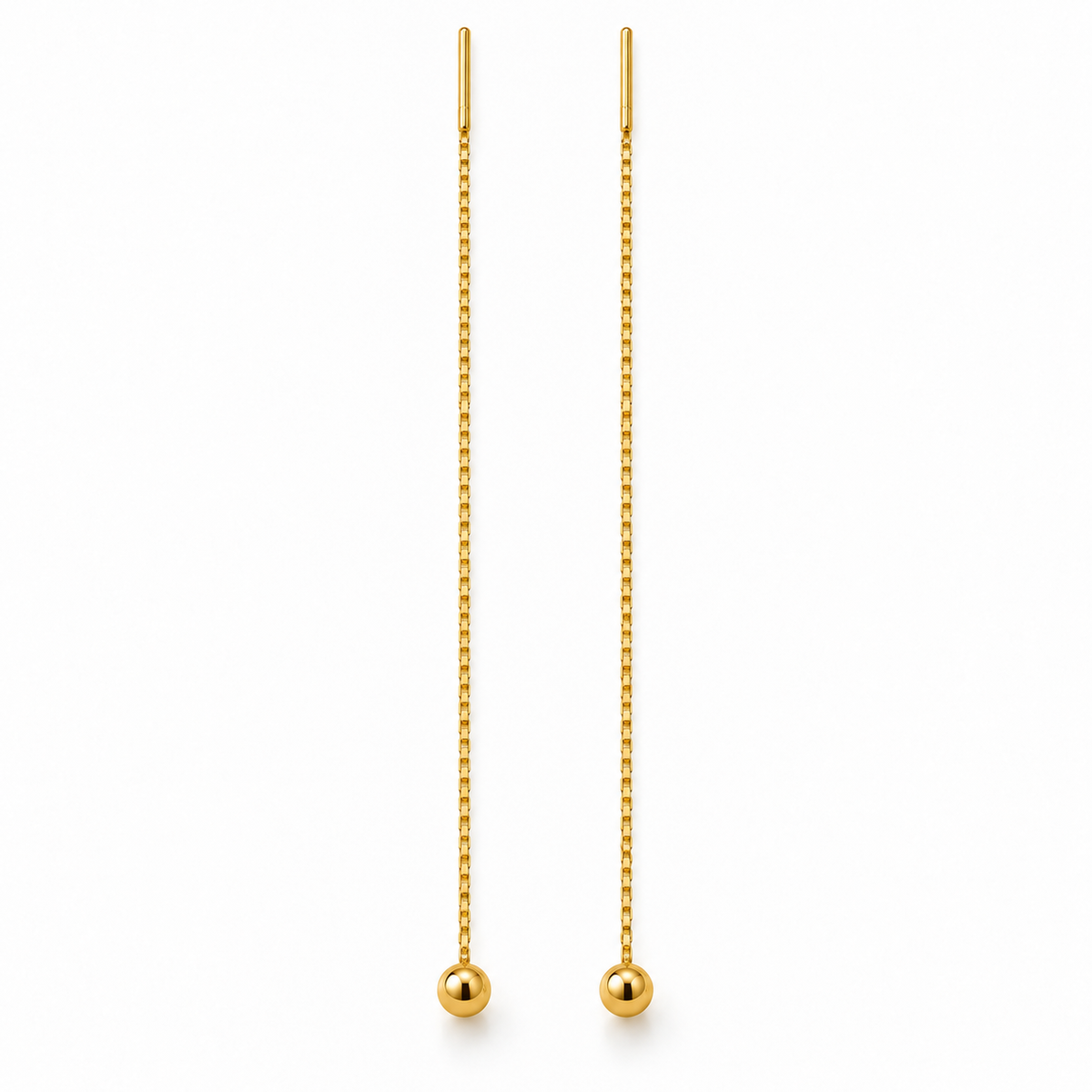 Pair of gold-plated sterling silver threader earrings with fine box chains and polished ball ends