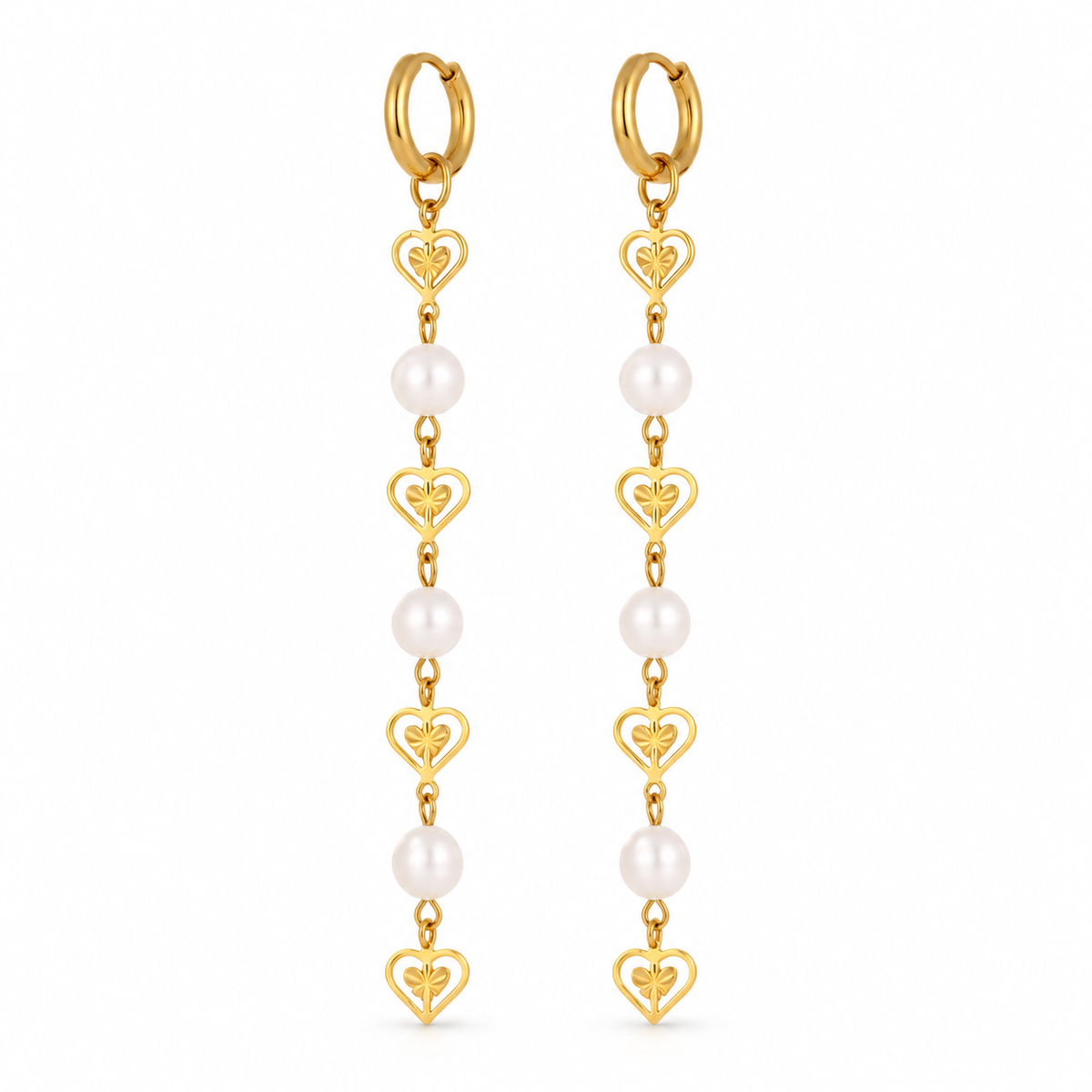 Caroline Heart Earrings with cascading gold-tone heart motifs and 6 mm white faux pearls