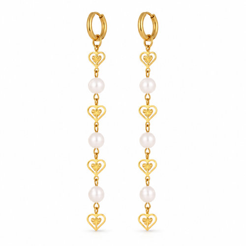 Caroline Heart Earrings with cascading gold-tone heart motifs and 6 mm white faux pearls