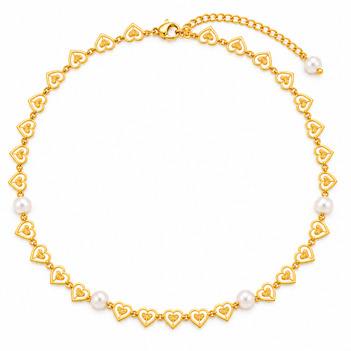 Caroline Heart Necklace with gold-tone heart links and four pearl-look beads