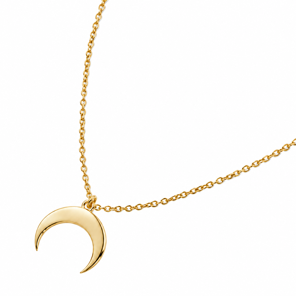 Gold crescent moon necklace with flowing chain and crescent pendant 