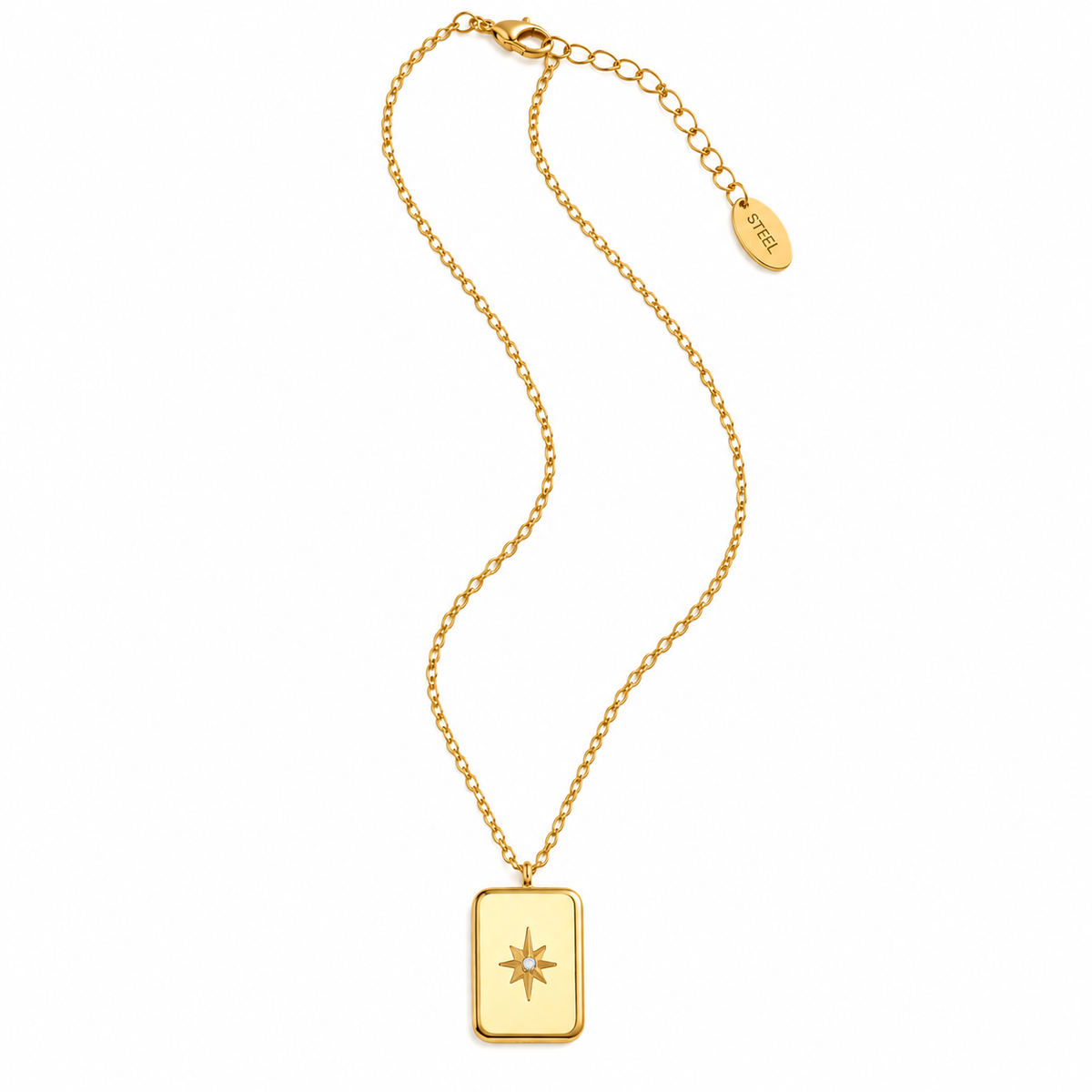 Close-up of 18k gold-plated stainless steel necklace with zirconia pendant