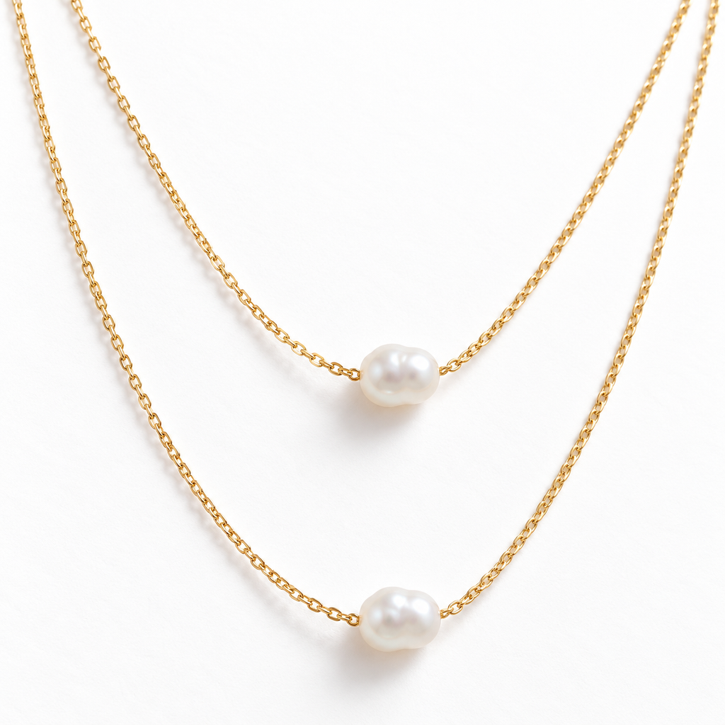 Layered Duo Pearl Necklace featuring two approximately 8 mm natural white pearls and an adjustable 40–45 cm length
