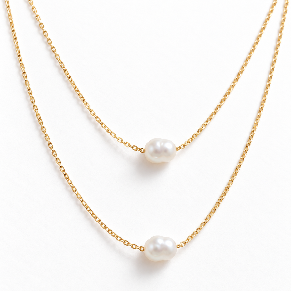 Layered Duo Pearl Necklace featuring two approximately 8 mm natural white pearls and an adjustable 40–45 cm length