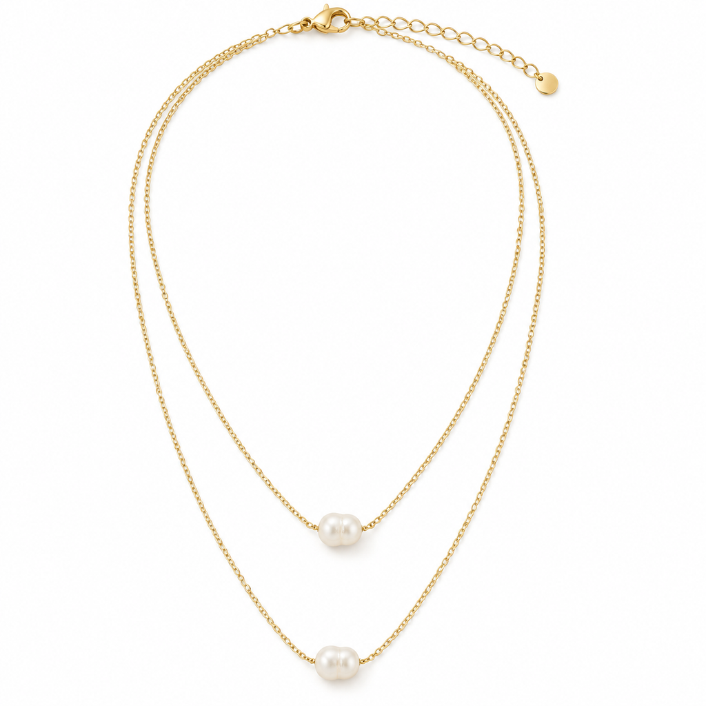 Duo Pearl Necklace with two natural white pearls on layered gold-tone 316L stainless steel chains