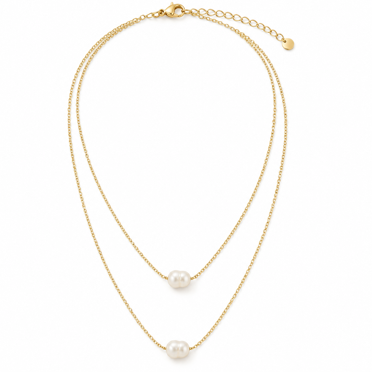 Duo Pearl Necklace with two natural white pearls on layered gold-tone 316L stainless steel chains