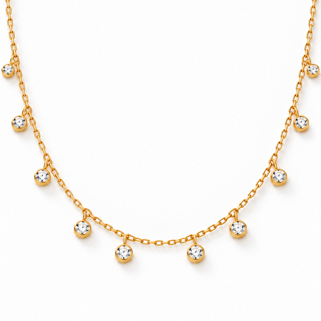 Emilia Zirconia Necklace with ten white zirconia drops on a gold-plated 316L stainless steel chain