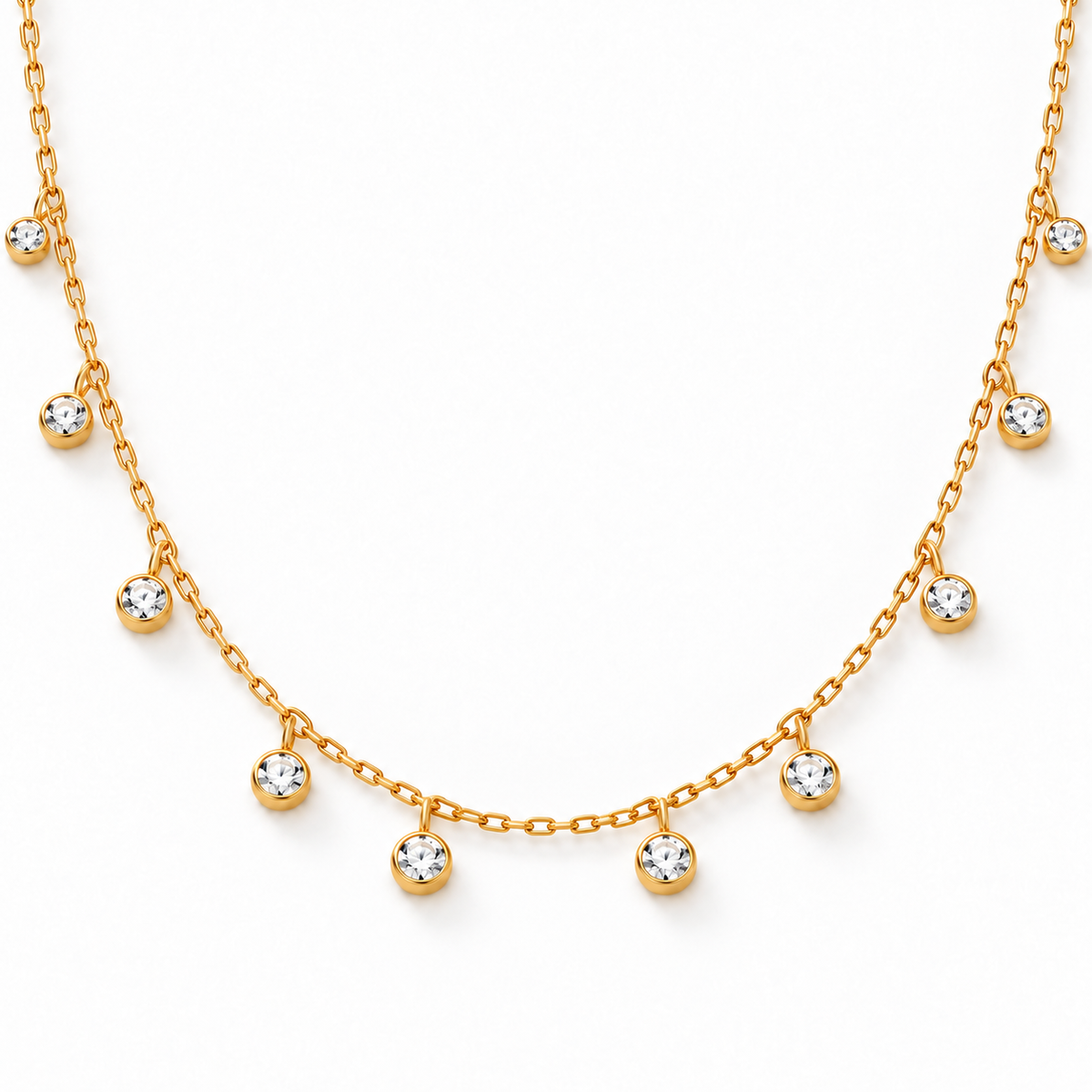 Emilia Zirconia Necklace with ten white zirconia drops on a gold-plated 316L stainless steel chain