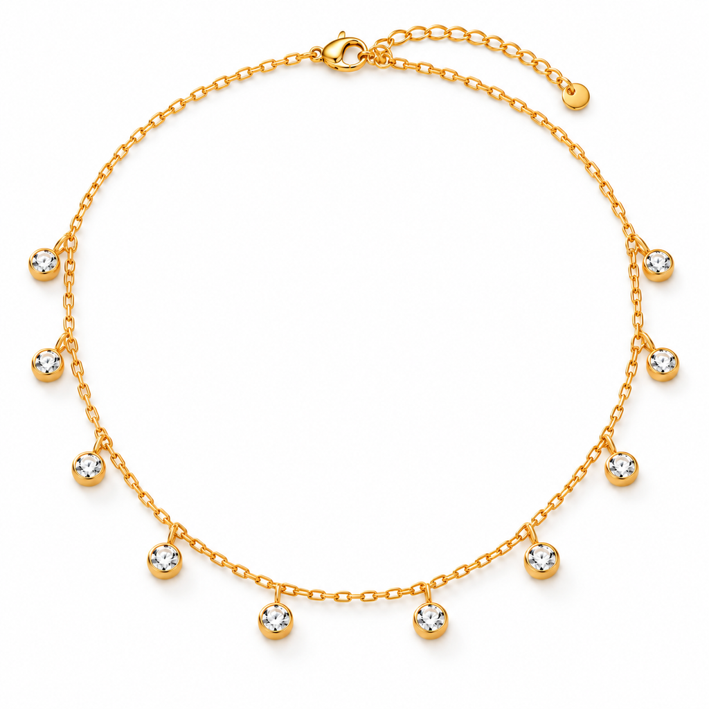 Adjustable Emilia necklace with ten white zirconia drops and a 36–40 cm gold-plated stainless steel chain