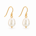 Liv Pearl Drop Hook Earrings with natural white 9 × 8 mm pearls, curved 18k gold-plated sterling silver hooks, and small gold-plated beads