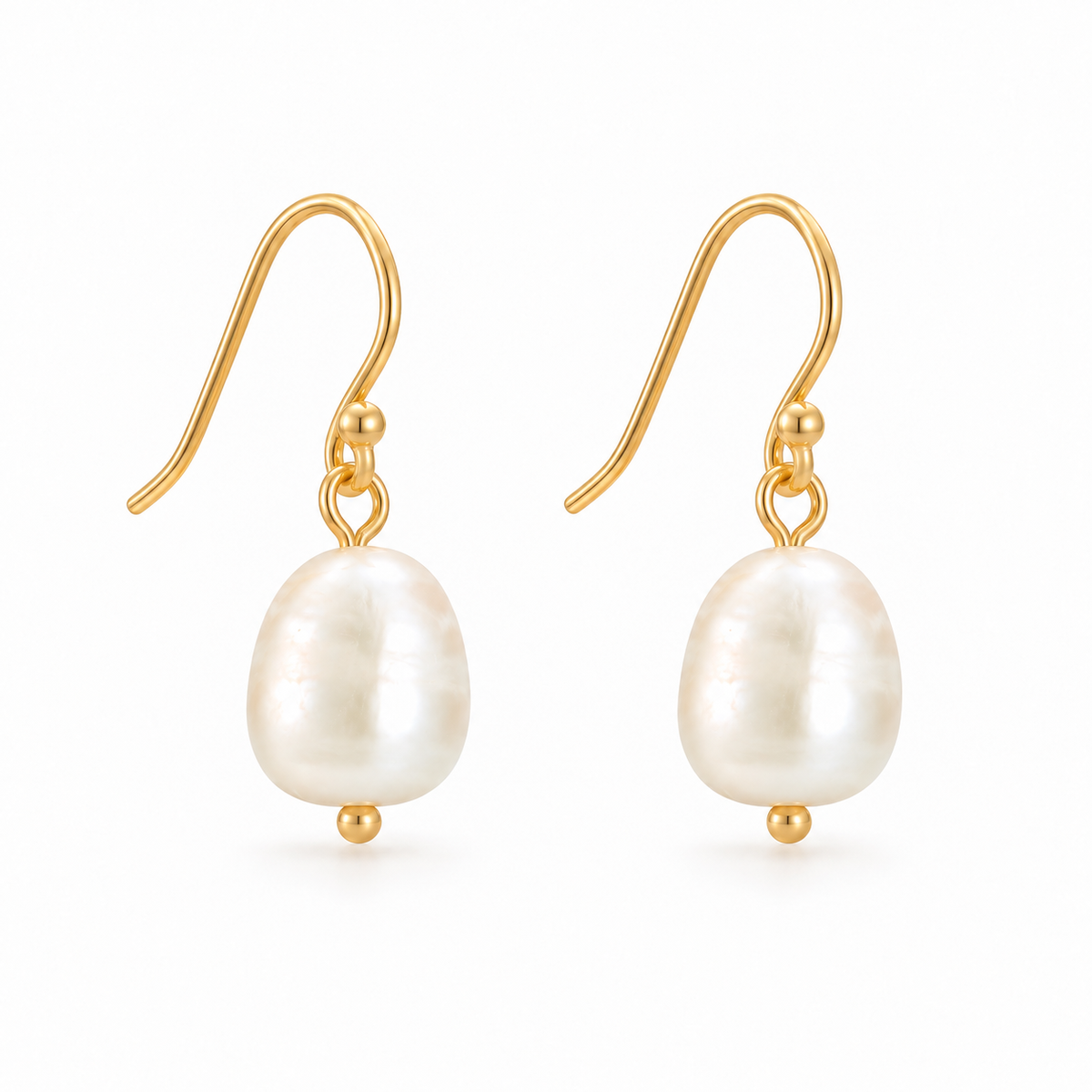Liv Pearl Drop Hook Earrings with natural white 9 × 8 mm pearls, curved 18k gold-plated sterling silver hooks, and small gold-plated beads