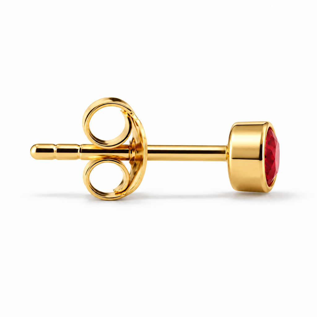 Red zirconia stud earrings with 4 mm stones framed by smooth gold-tone bezels
