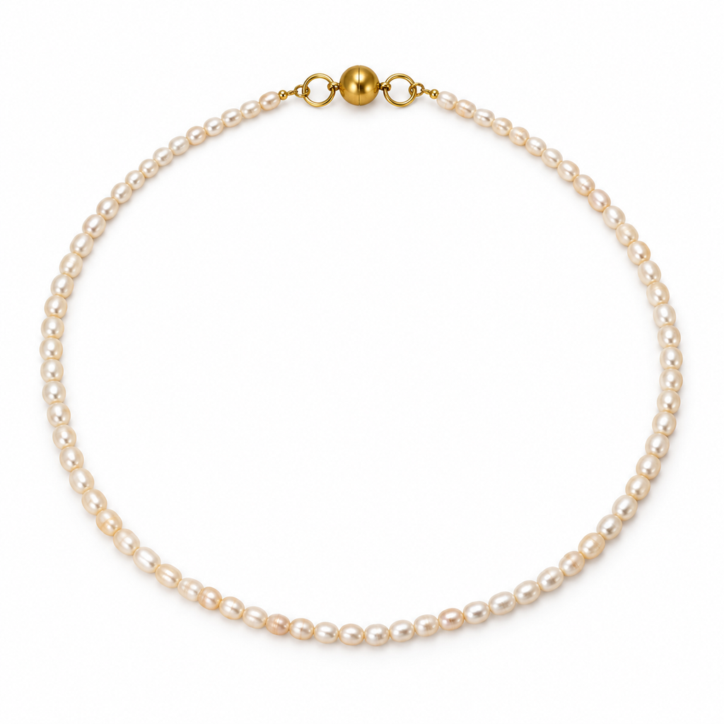 Rosario Rice Pearl Necklace without the charm, showing natural white rice-shaped pearls and a round gold-tone magnetic clasp