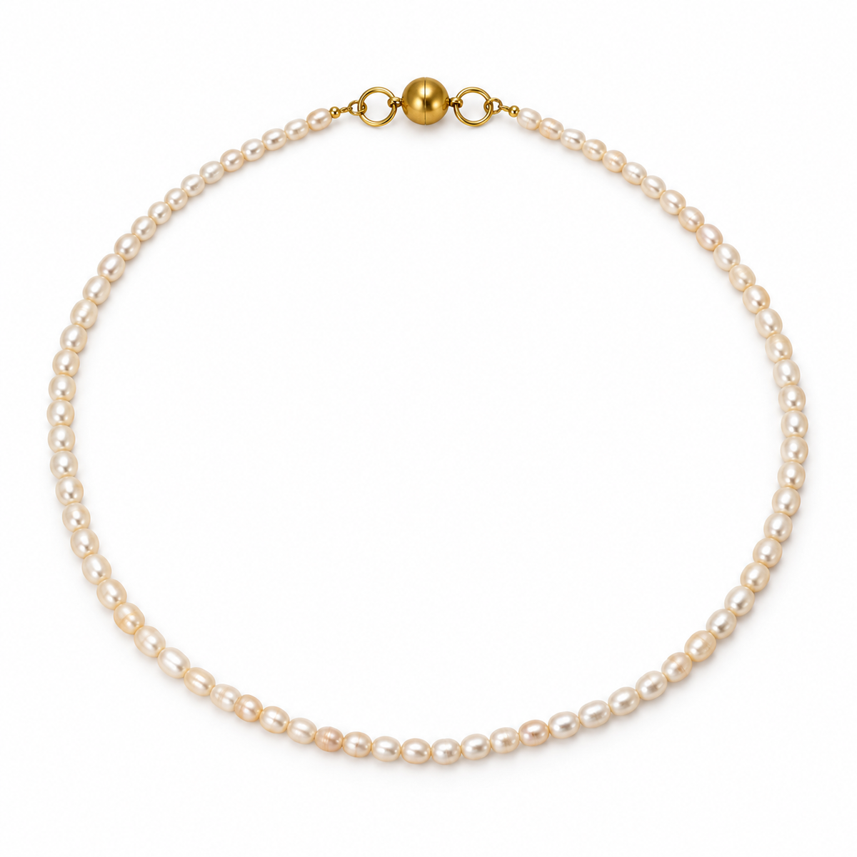 Rosario Rice Pearl Necklace without the charm, showing natural white rice-shaped pearls and a round gold-tone magnetic clasp