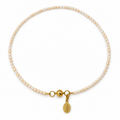 Rosario Rice Pearl Necklace with natural white pearls, a gold-tone magnetic clasp and a Virgin of Guadalupe charm