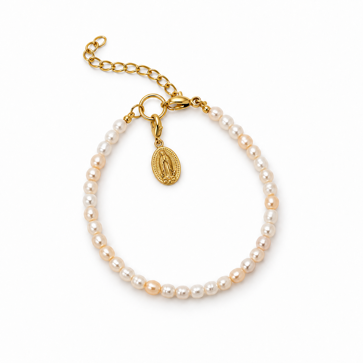 White pearl Rosario bracelet arranged in a circle, with its gold-tone lobster clasp and extension chain visible