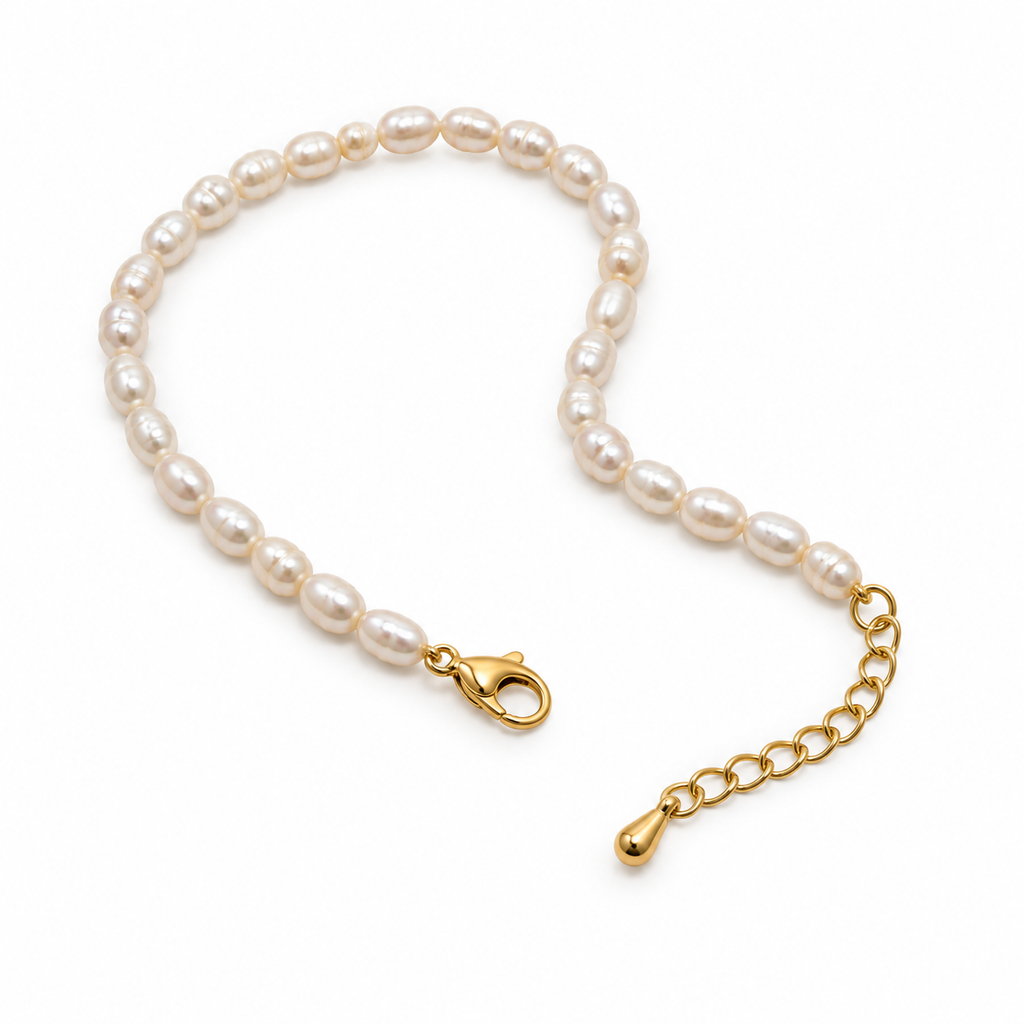 Full view of the adjustable Signe Pearl Bracelet featuring cultured pearls and a delicate gold-plated finish