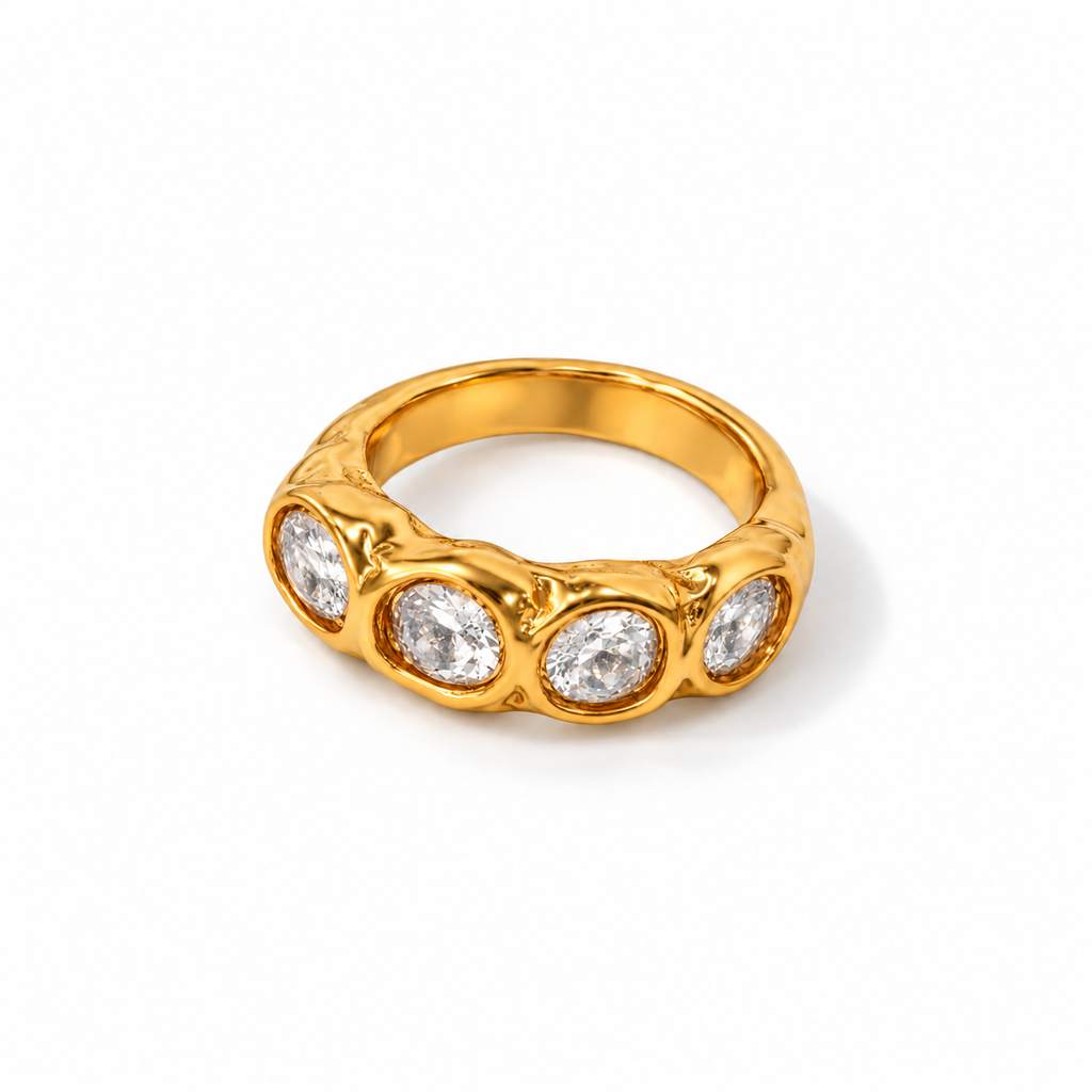 Sculptural Textured Stone Ring in gold-tone stainless steel with clear zirconia