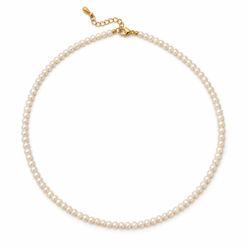 Close-up of the 3–4 mm cultured white pearls on the Tula Pearl Necklace