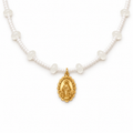 Gold-tone 316L stainless steel Miraculous Medal on the Virgen Milagrosa beaded necklace