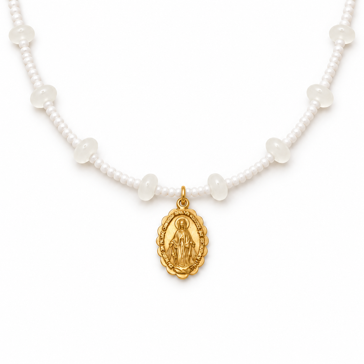 Gold-tone 316L stainless steel Miraculous Medal on the Virgen Milagrosa beaded necklace