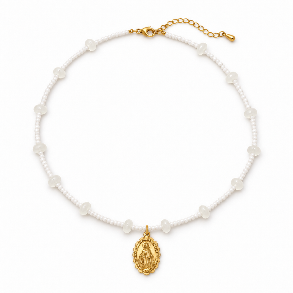 Virgen Milagrosa Necklace with small white beads, translucent accents, and a gold-tone Miraculous Medal