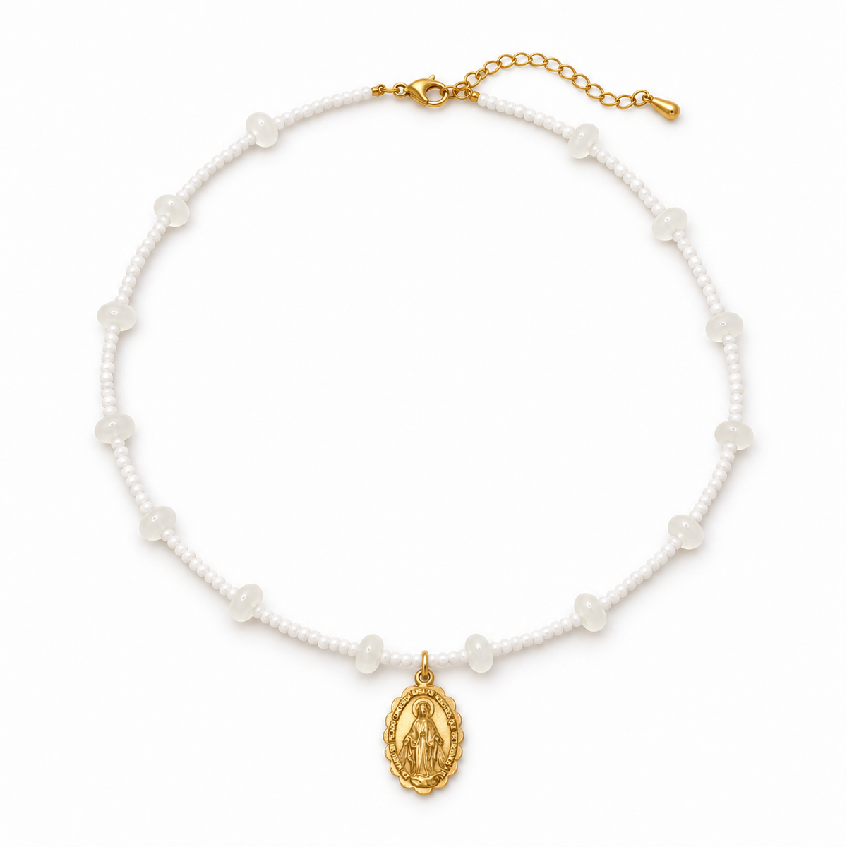 Virgen Milagrosa Necklace with small white beads, translucent accents, and a gold-tone Miraculous Medal