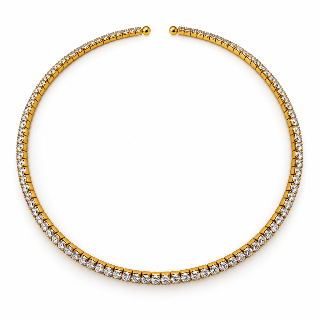 Gold-tone 316L stainless steel necklace with a continuous row of clear zirconia stones