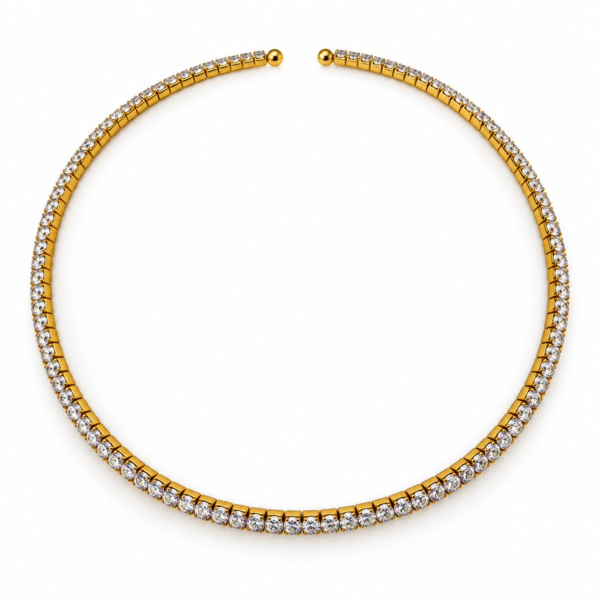 Gold-tone 316L stainless steel necklace with a continuous row of clear zirconia stones