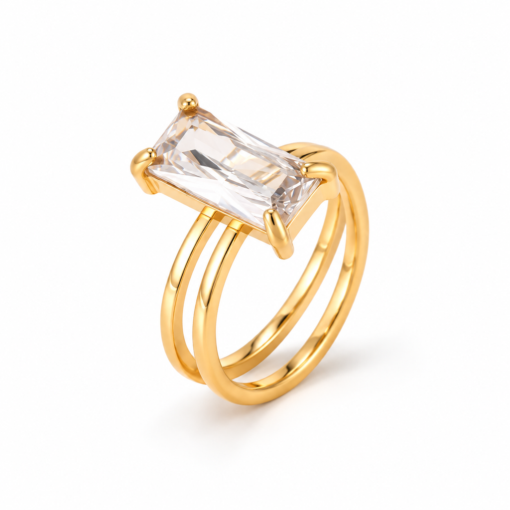 Zirconia Ring featuring a clear rectangular center stone and a polished split band, 6.5 mm wide