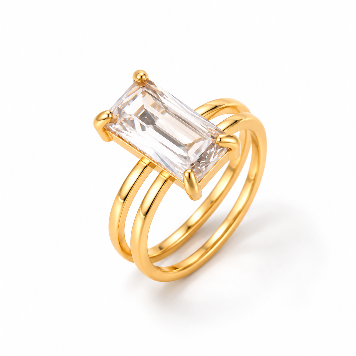 Gold-tone 316L stainless steel ring with a clear rectangular zirconia and split band